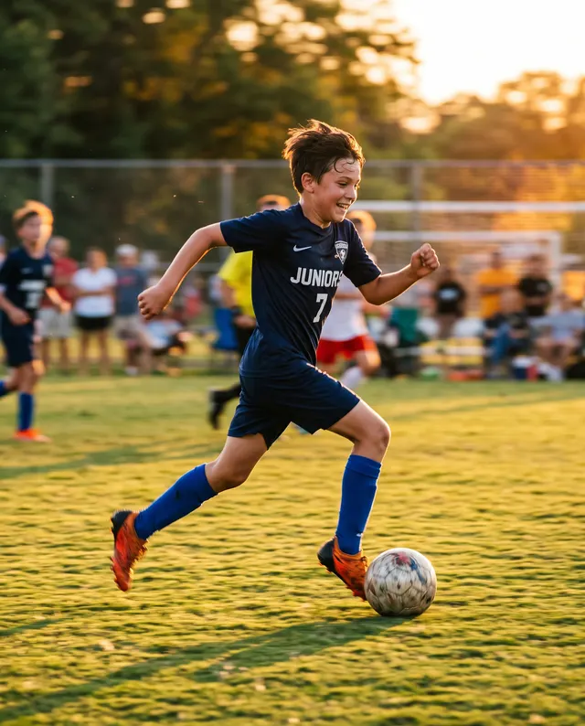 Boy running with a soccer ball at sunset
