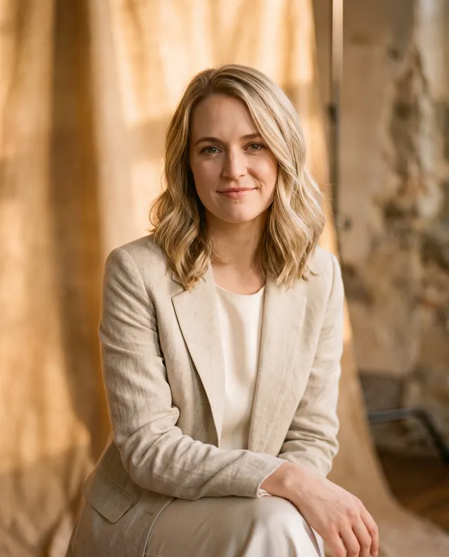 Woman in a blazer photographed in soft light