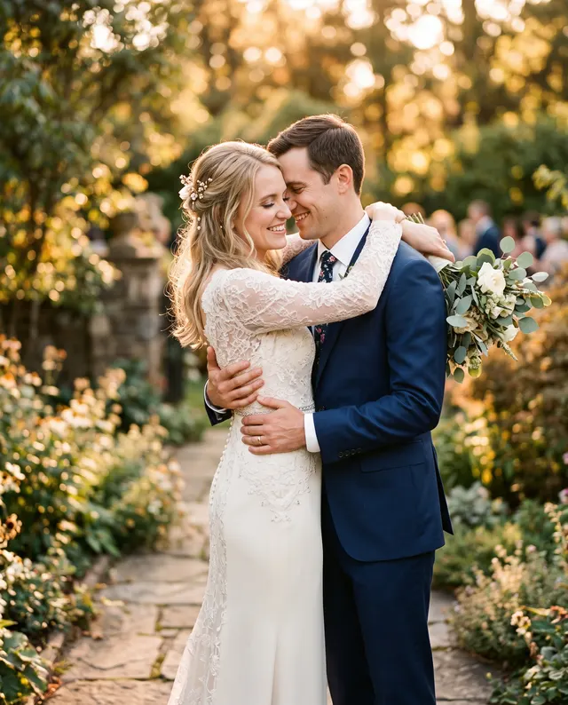 Wedding couple embracing in a garden